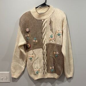 Cabin Creek Floral Knit Sweater - Cream and Brown